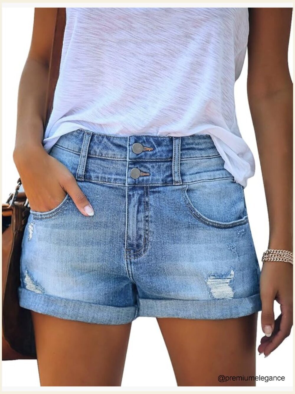 High Waisted Ripped Denim Shorts Stretchy Cuffed Hem Jean Shorts